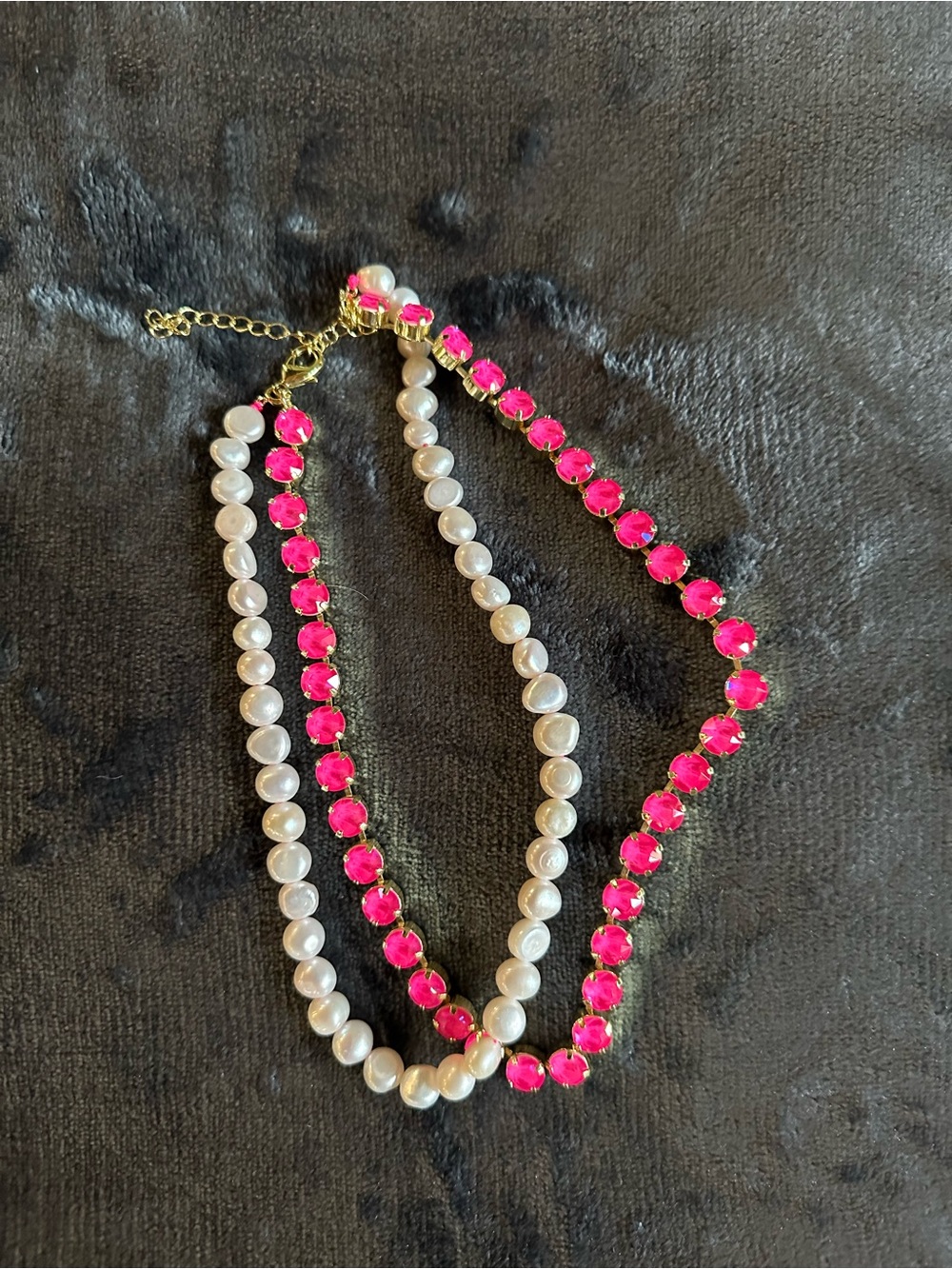 Sorrelli White Pearl and Hot Pink Crystal Double Strand Necklace can be worn sep